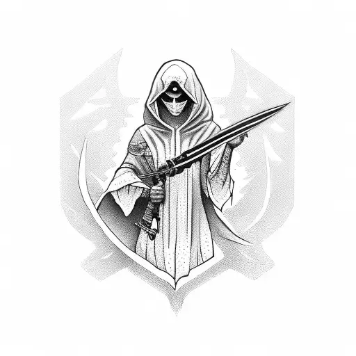 assassin woman with hood on holds a dagger wwith heart on it tattoo design idea