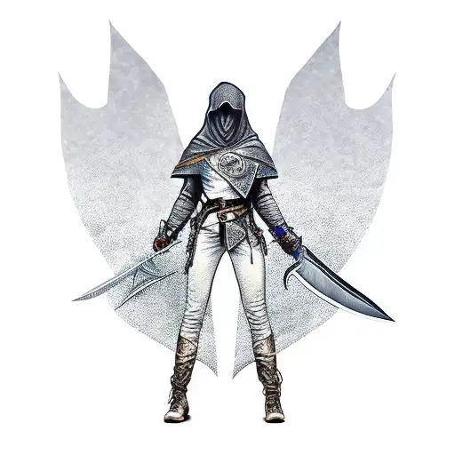 assassin woman with hood on holds a dagger wwith heart on it tattoo design idea