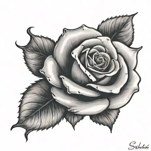 A detailed black and grey rose with a hidden ace of spades, representing luck and prosperity in California tattoo design idea