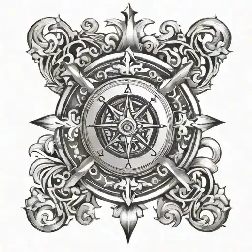 An intricate design of a family crest with a compass rose at the center, surrounded by symbols of wealth and luck tattoo design idea