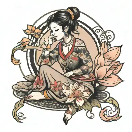 girl sit like pose lotus tattoo design idea