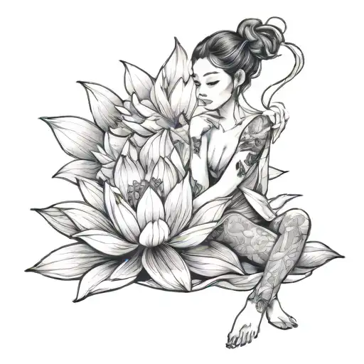 girl sit pose lotus tattoo design idea
