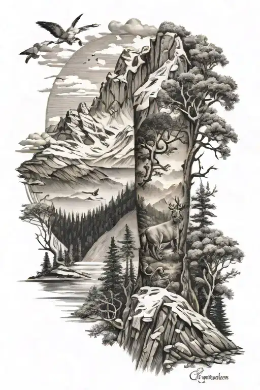 leg sleeve, mountains, trees, christain, skiing, hiking, lion, cross, scripture tattoo design idea
