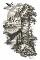 leg sleeve, mountains, trees, christain, skiing, hiking, lion, cross, scripture tattoo design idea