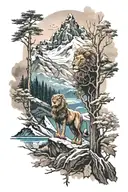 leg sleeve, mountains, trees, christain, skiing, hiking, lion, cross, scripture tattoo design idea
