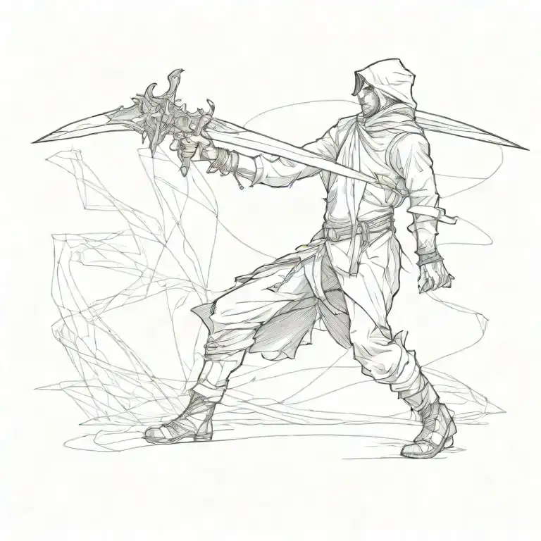 Illustrate a shadowy figure moving silently with a dagger in hand tattoo design idea