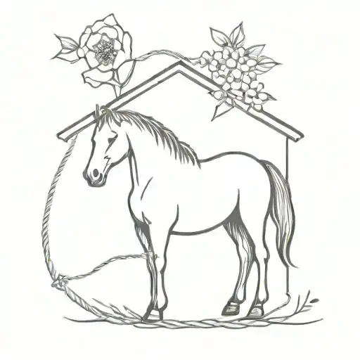barn rope and flowers growing and a horse  tattoo design idea