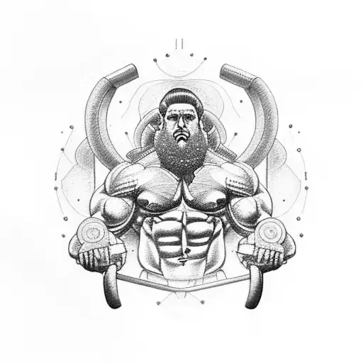 An intricate tattoo featuring a powerful weightlifter symbolizing powerbuilding, surrounded by motivational quotes from stoic philosophers tattoo design idea