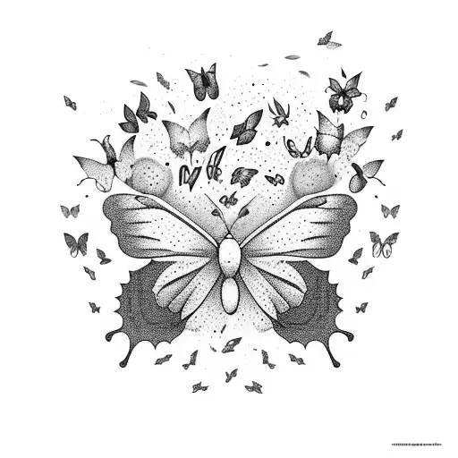 A surreal composition of a coffee cup pouring out butterflies, illustrating the enchantment of caffeine-induced imagination tattoo design idea