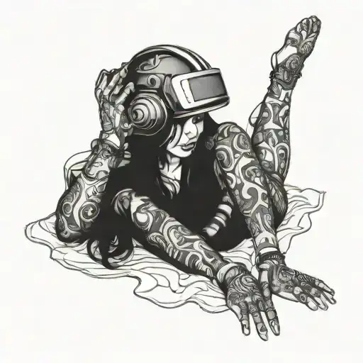 Women laying down full body covered in tattoos with dark hair wearing welding helmet  tattoo design idea