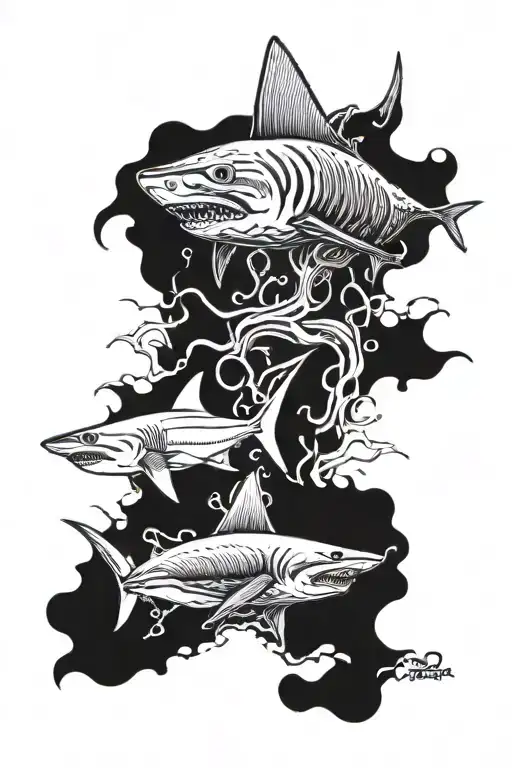 shark fighting a squid underwater. mountains above sea level tattoo design idea