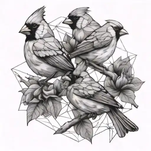 A geometric design incorporating male and female cardinal birds, in black-grey style tattoo design idea