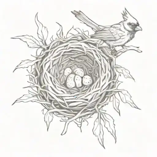 A cardinal bird nest with eggs, in a sketch style with detailed shading tattoo design idea