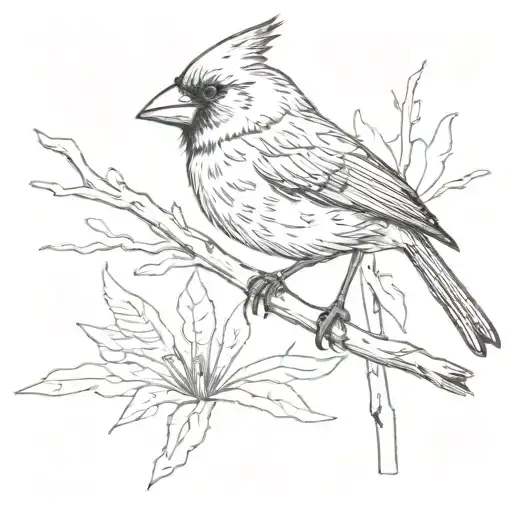 A cardinal bird perched on a pencil, with a sketch style tattoo design idea