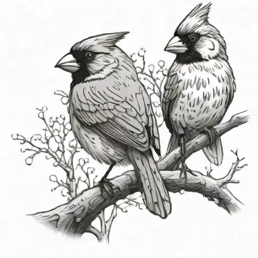 A male and female cardinal bird sitting on a tree branch, done in dotwork style tattoo design idea