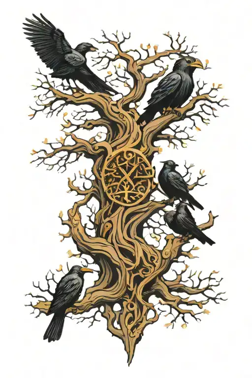 Viking world tree with Odin's ravens on the branches in color tattoo design idea
