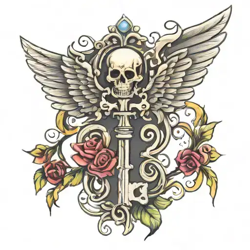 skeleton key and wings tattoo design idea