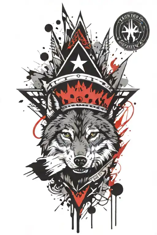 wolf face king crown surrounded by lightning bolt tattoo design idea