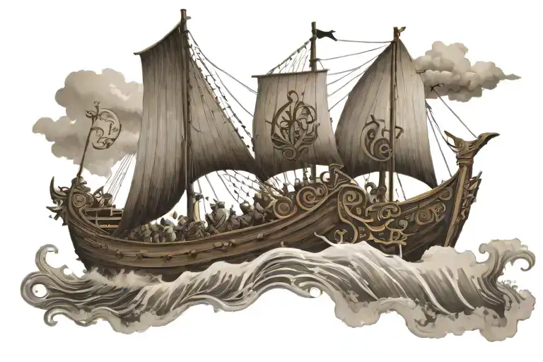 Viking Ship with Religious Icons: Visualize a Viking longship sailing on rough seas, with subtle religious symbols like  tattoo design idea