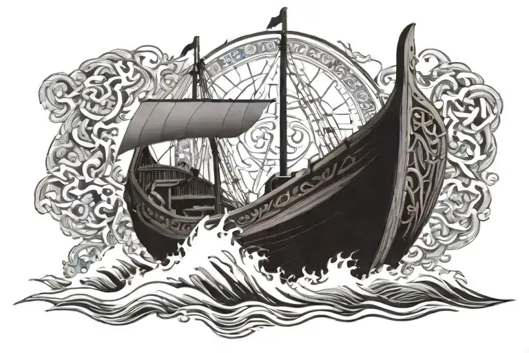 Viking Ship with Religious Icons: Visualize a Viking longship sailing on rough seas, with subtle religious symbols like  tattoo design idea