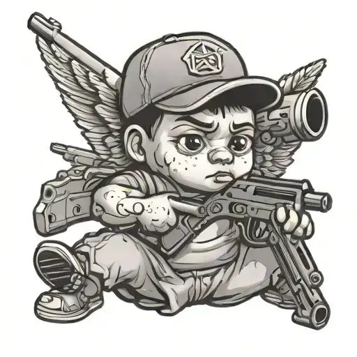 gangster little angel with gun ak or uzi  tattoo design idea