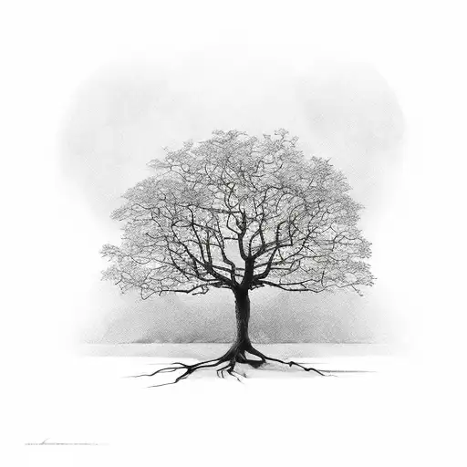 one tree with roots without leaves in engraving style tattoo design idea