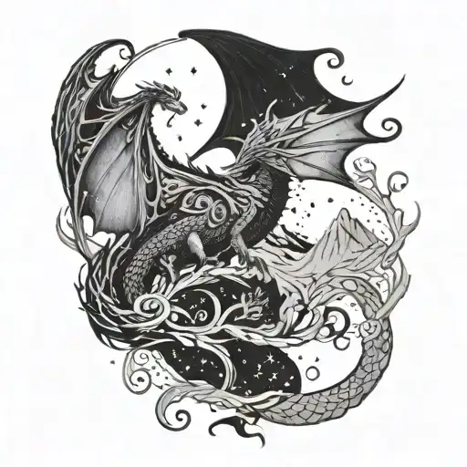 A court of thorns and roses book with the mountain and the stars, mixed with a dragon from the fourth wing book tattoo design idea