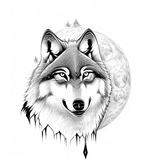 A majestic wolf howling at the moon in a forest tattoo design idea
