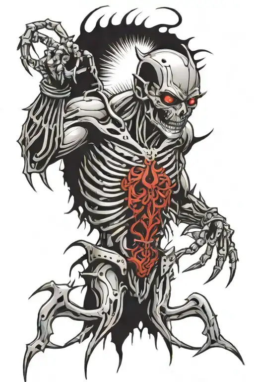A 3-meter tall metallic humanoid with four arms adorned in razor-sharp blades and thorns, standing ominously tattoo design idea