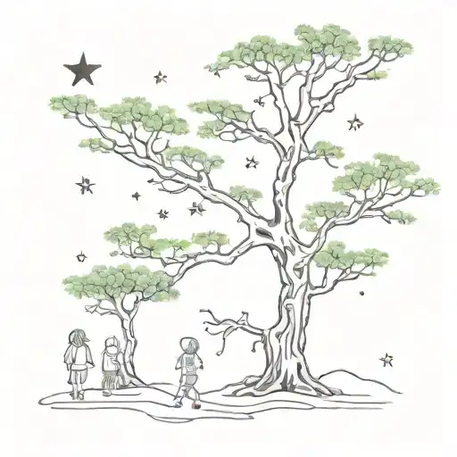 acacia tree and stars representing three children playing tattoo design idea