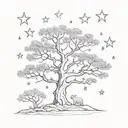 acacia tree and stars representing three children playing tattoo design idea