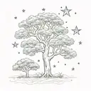 acacia tree and stars representing three children playing tattoo design idea