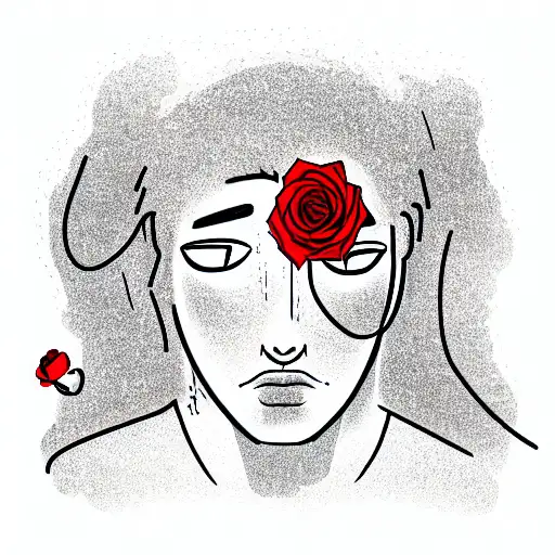 black hair man with black hoodie and pants, red neon eyes and rose in right hand tattoo design idea