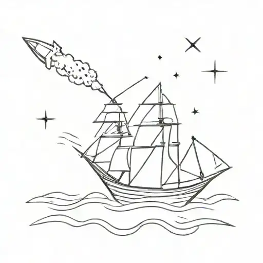 ship sailing attacked by missile launching tattoo design idea