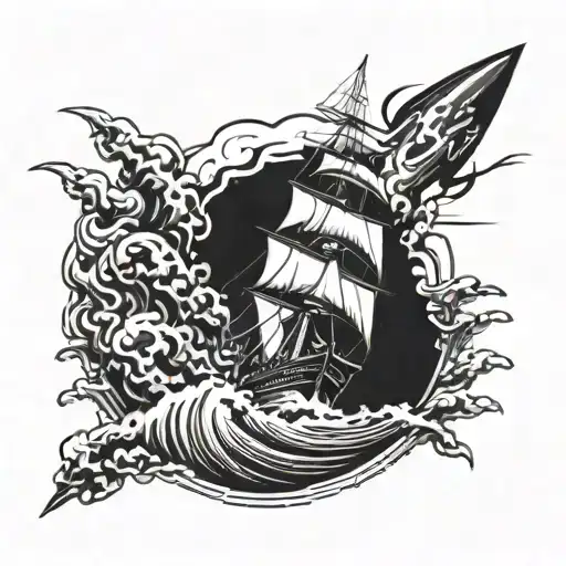 ship sailing attacked by missile launching tattoo design idea