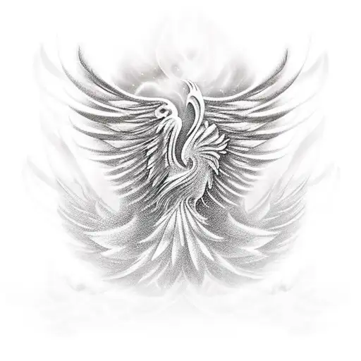 Feathered phoenix with its wings upwards, and on the tail, the symbols of Four of Divergent tattoo design idea