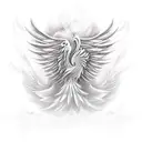 Feathered phoenix with its wings upwards, and on the tail, the symbols of Four of Divergent tattoo design idea