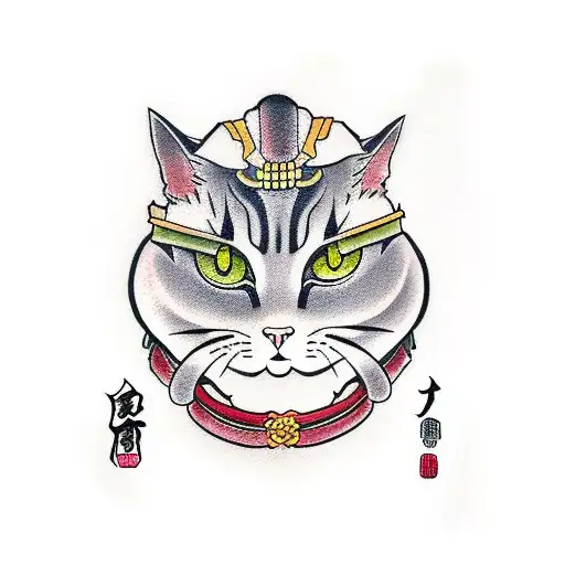 Japanese cat samurai  tattoo design idea