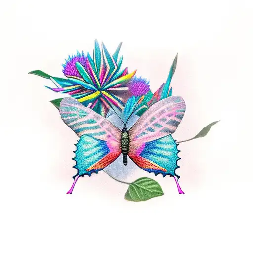 tattoo of a blue, pink, and teal butterfly next to a red celosia argentea flower tattoo design idea