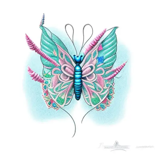 tattoo of a blue, pink, and teal butterfly next to a red celosia argentea flower tattoo design idea