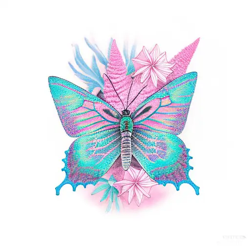 tattoo of a blue, pink, and teal butterfly next to a red celosia argentea flower tattoo design idea