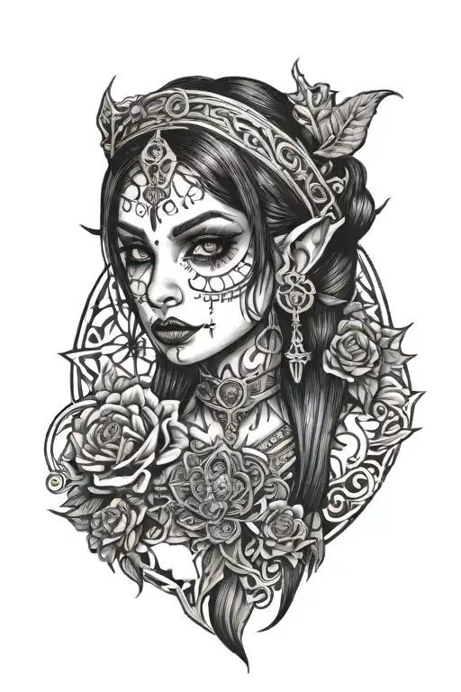 A goth girl elf tattoo design idea