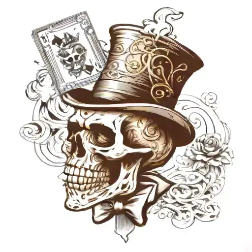 generates a tattoo of a skull with an 8 ball in his eye and smoking a cuban cigar and the mad hatter's hat from alice in tattoo design idea