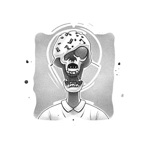A tattoo design of a cookie man with a bite taken out of his arm, surrounded by black and grey shading tattoo design idea