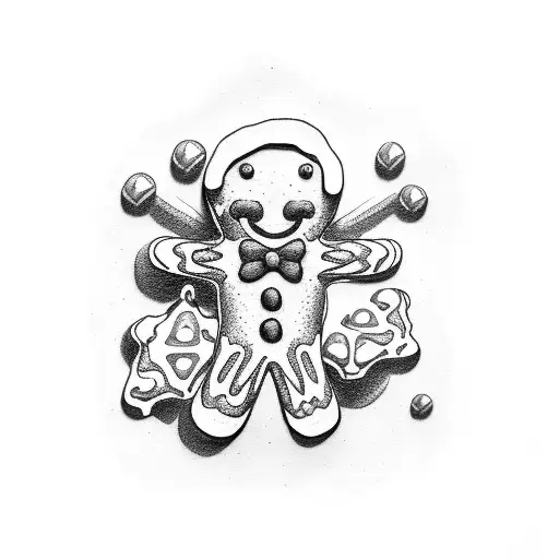 Gingerbread man tattoo design, with some broken body parts and crumbs, and a bite on one arm tattoo design idea