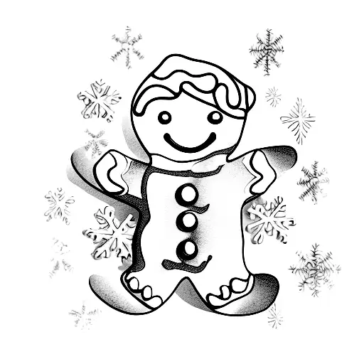 Gingerbread man tattoo design, with some broken body parts and crumbs, and a bite on one arm tattoo design idea