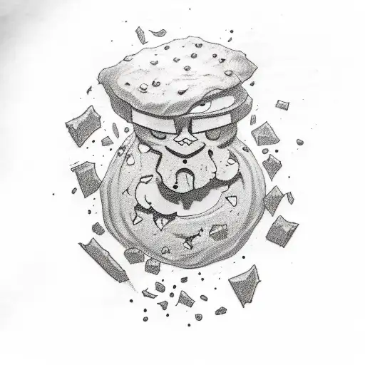 A sketch-style tattoo design of a cookie man with shattered body parts and crumbs falling tattoo design idea