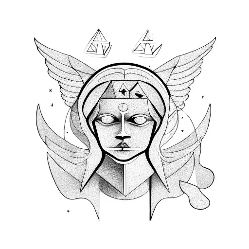 Sad angel in a frame, cubism, satanic symbols tattoo design idea