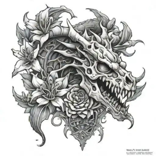 dragon, dead dragon, bones, dragons skull, dragon skeleton, lillies, flowers surrounding dragon, fierce dragon skeleton tattoo design idea