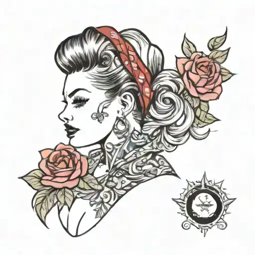 Plus sized pinup posing and traditional pinup pose with messy bun and bandanna in hair with tattoos  tattoo design idea